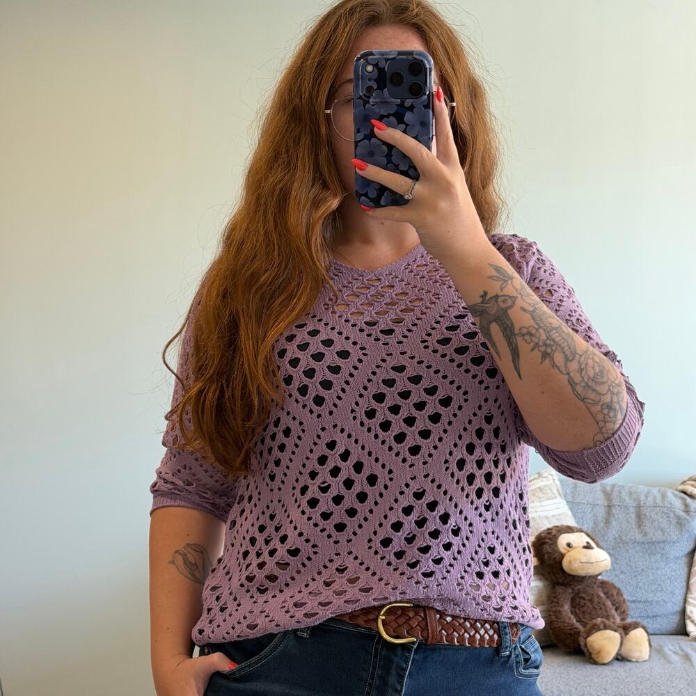 Lavender Crochet Style Open Knit Sweater Size Small